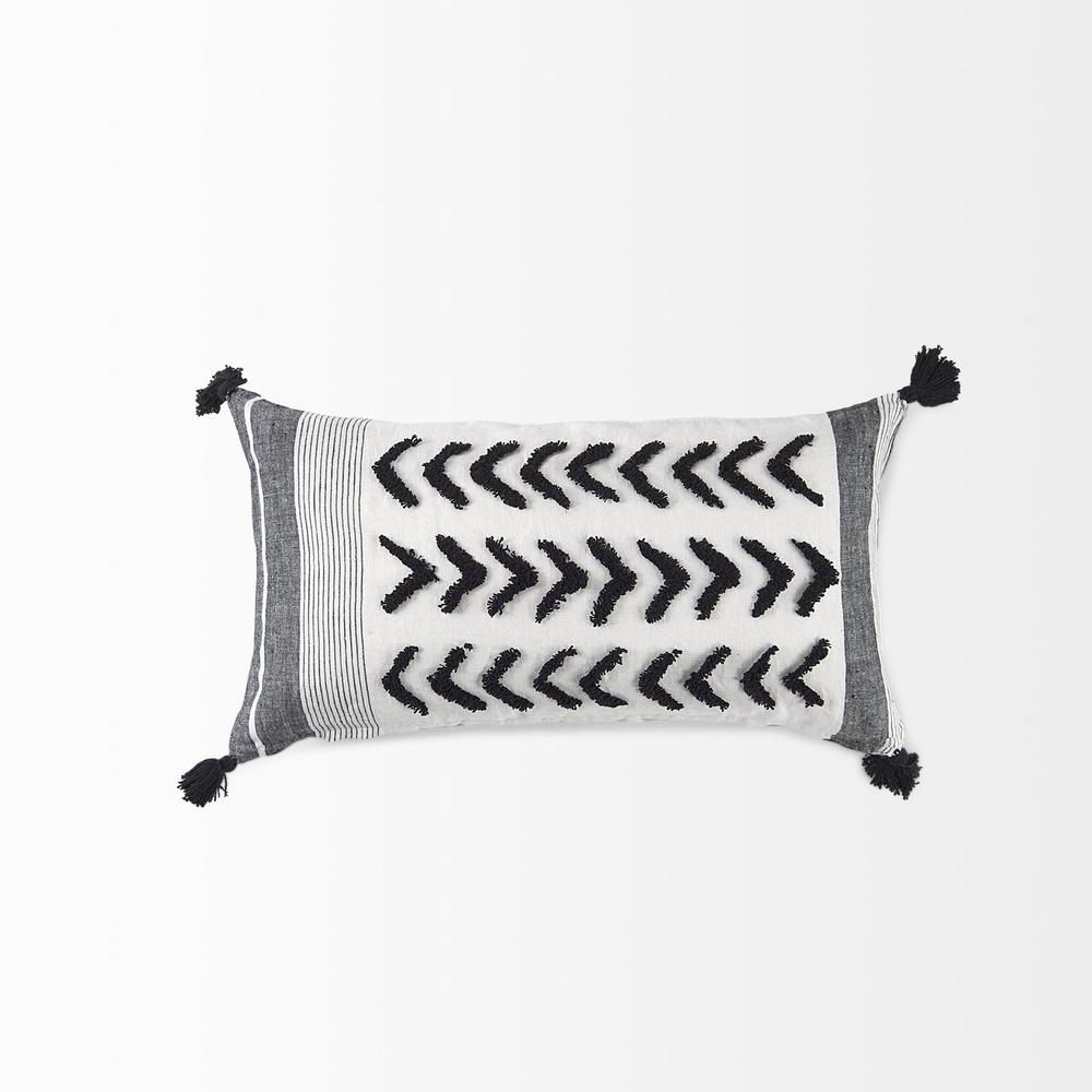 White and Gray Fringed Lumbar Pillow Cover White/Gray/Black. Picture 5