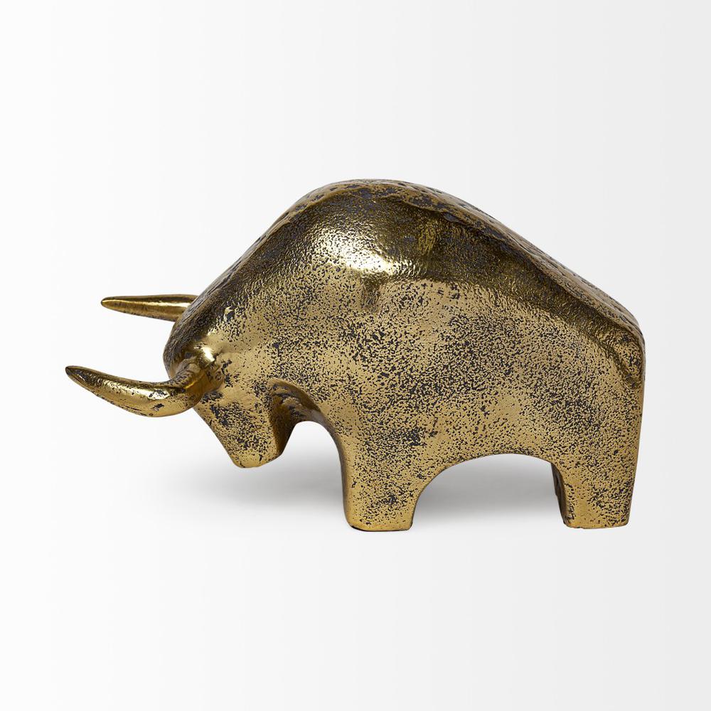 Gold Cast Aluminum Raging Bull Sculpture Gold. Picture 2