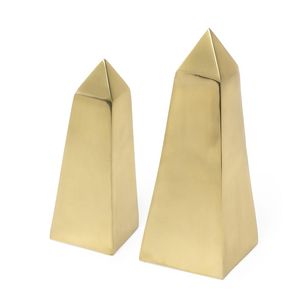 Set of Two Gold Metal Elongated Pyramid Décor Pieces Gold. Picture 1
