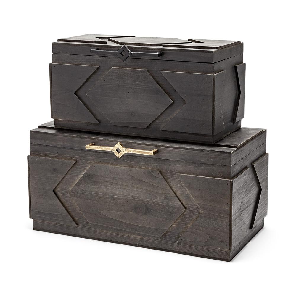 Set of Two Brown Detailed Wooden Boxes. Picture 1