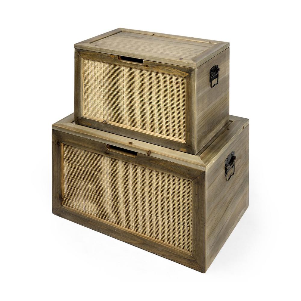 Set of Two Wood and Cane Storage Boxes. The main picture.