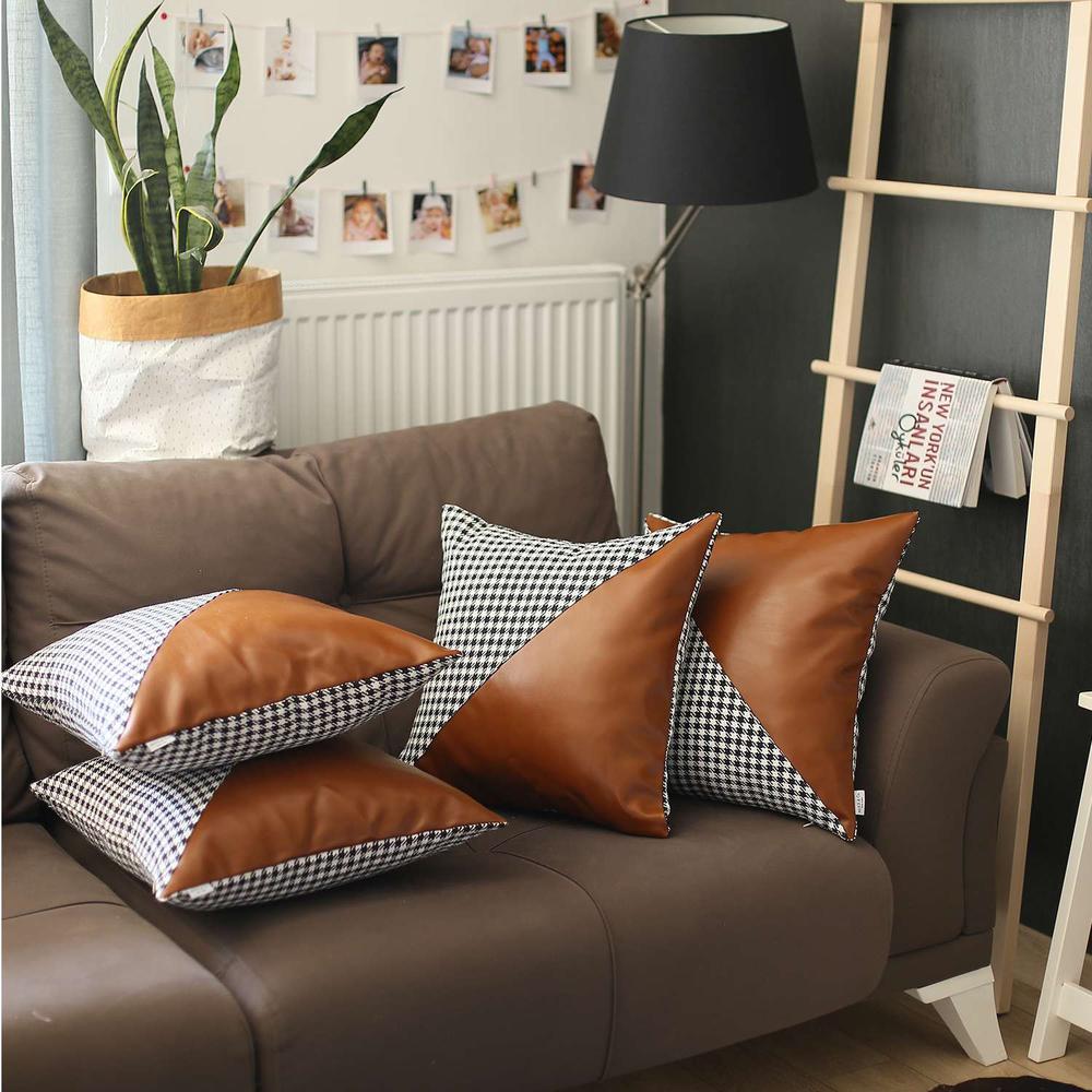 Set of 4 Houndstooth Brown Faux Leather Pillow Covers Multi. Picture 1