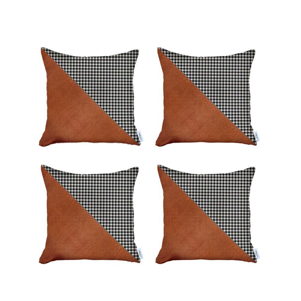 Set of 4 Houndstooth Brown Faux Leather Pillow Covers Multi. Picture 2