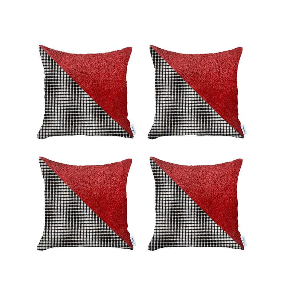 Set of 4 Houndstooth Red Faux Leather Pillow Covers Multi. Picture 2