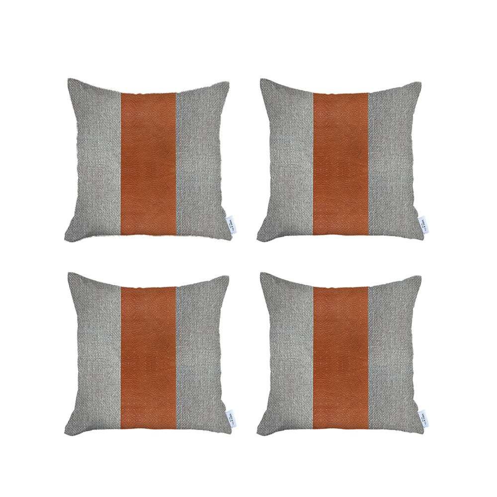 Set of 4 White and Brown Faux Leather Pillow Covers Multi. Picture 2