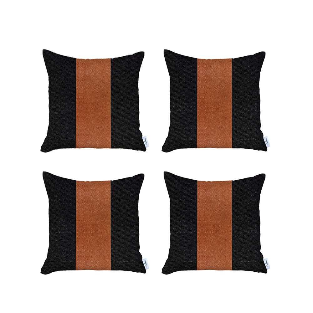 Set of 4 Black and Brown Faux Leather Pillow Covers Multi. Picture 2