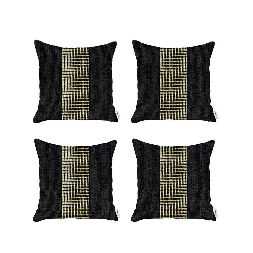 Set of 4 Black and Yellow Houndstooth Pillow Covers Multi. Picture 2