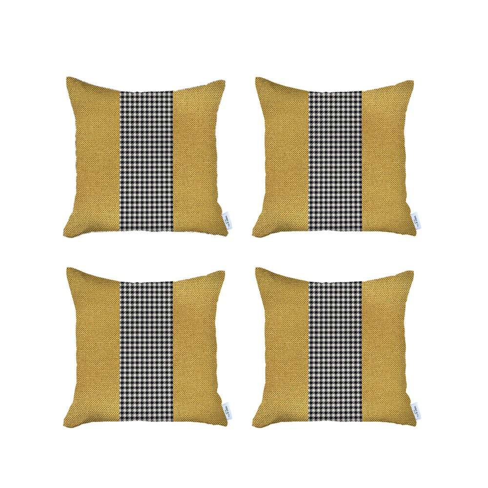 Set of 4 Yellow and Black Houndstooth Pillow Covers Multi. Picture 2