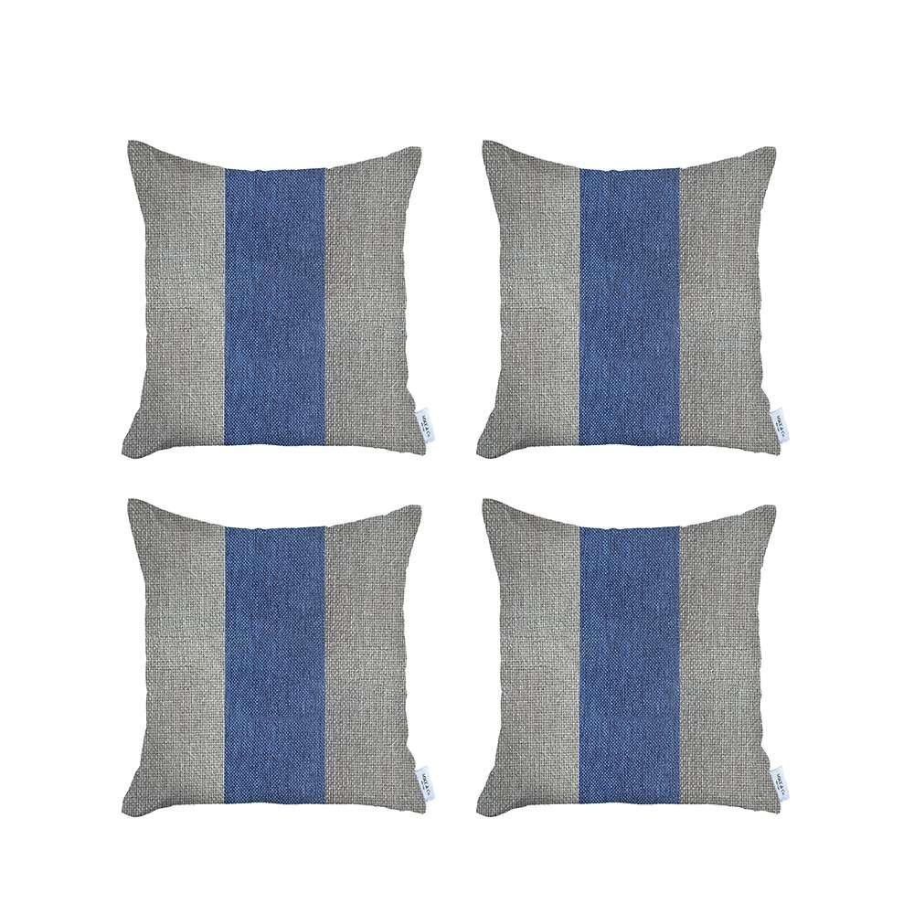 Set of 4 Ivory and Blue Center Pillow Covers Multi. Picture 2