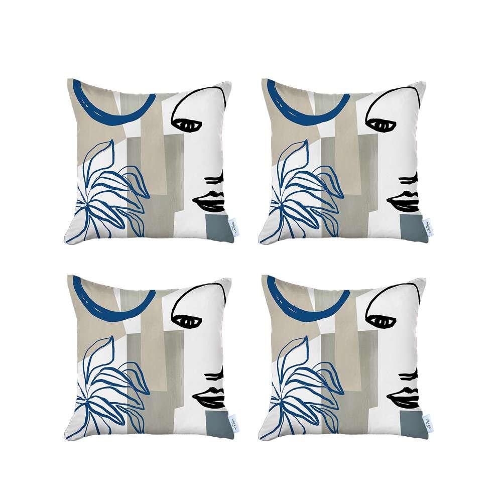 Set of 4 Blue and Ivory Printed Pillow Covers Multi. Picture 2