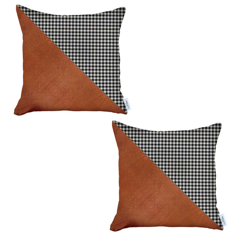 Set of 2 Houndstooth Brown Faux Leather Pillow Covers Multi. Picture 2
