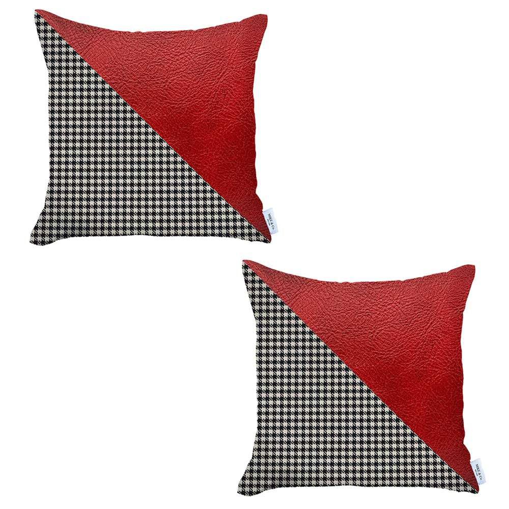 Set of 2 Houndstooth Red Faux Leather Pillow Covers Multi. Picture 2