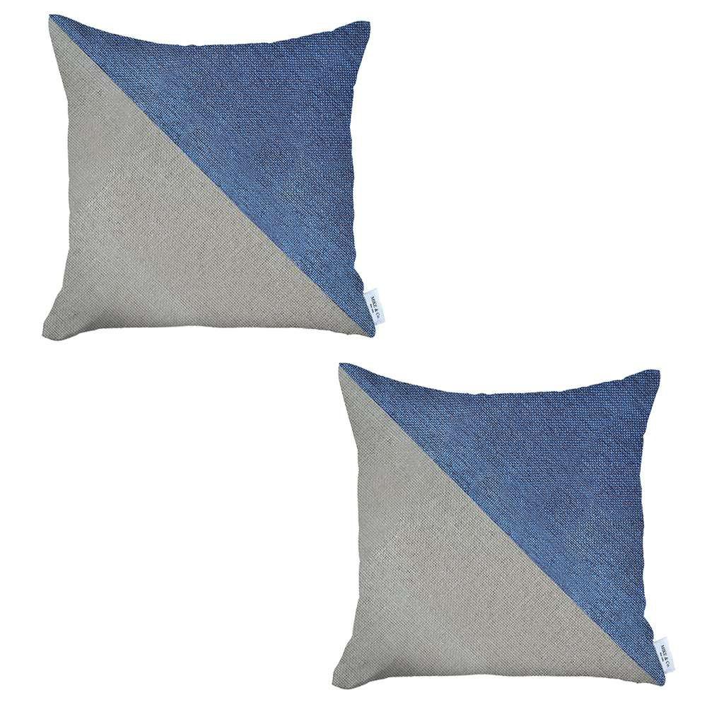 Set of 2 Blue and Ivory Diagonal Pillow Covers Multi. Picture 2