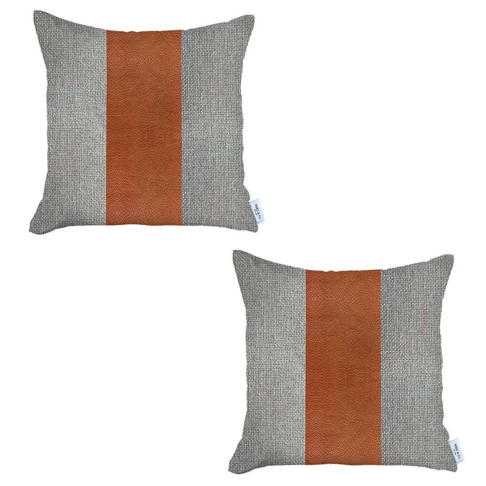 Set of 2 White and Brown Faux Leather Pillow Covers Multi. Picture 2