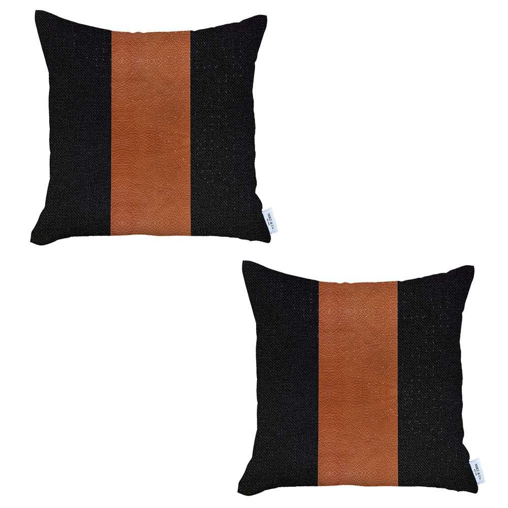 Set of 2 Black and Brown Faux Leather Pillow Covers Multi. Picture 2