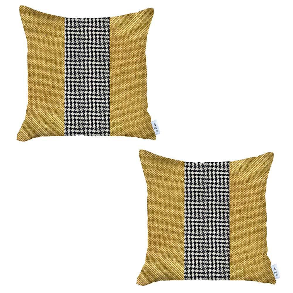 Set of 2 Yellow and Black Houndstooth Pillow Covers Multi. Picture 2