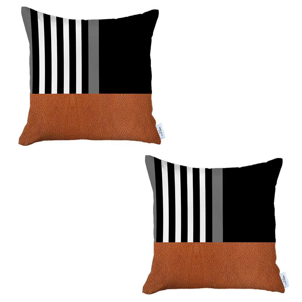 Set of 2 Brown and Black Printed Pillow Covers Multi. Picture 2