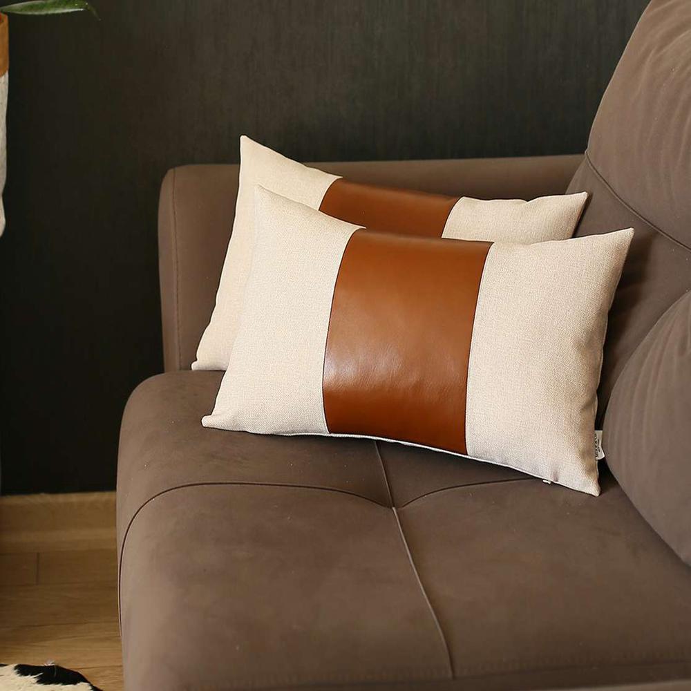 Set of 2 Brown Faux Leather Lumbar Pillow Covers - Multi. Picture 1