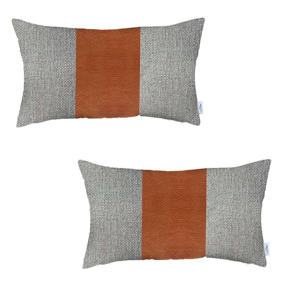 Set of 2 Brown Faux Leather Lumbar Pillow Covers - Multi. Picture 2