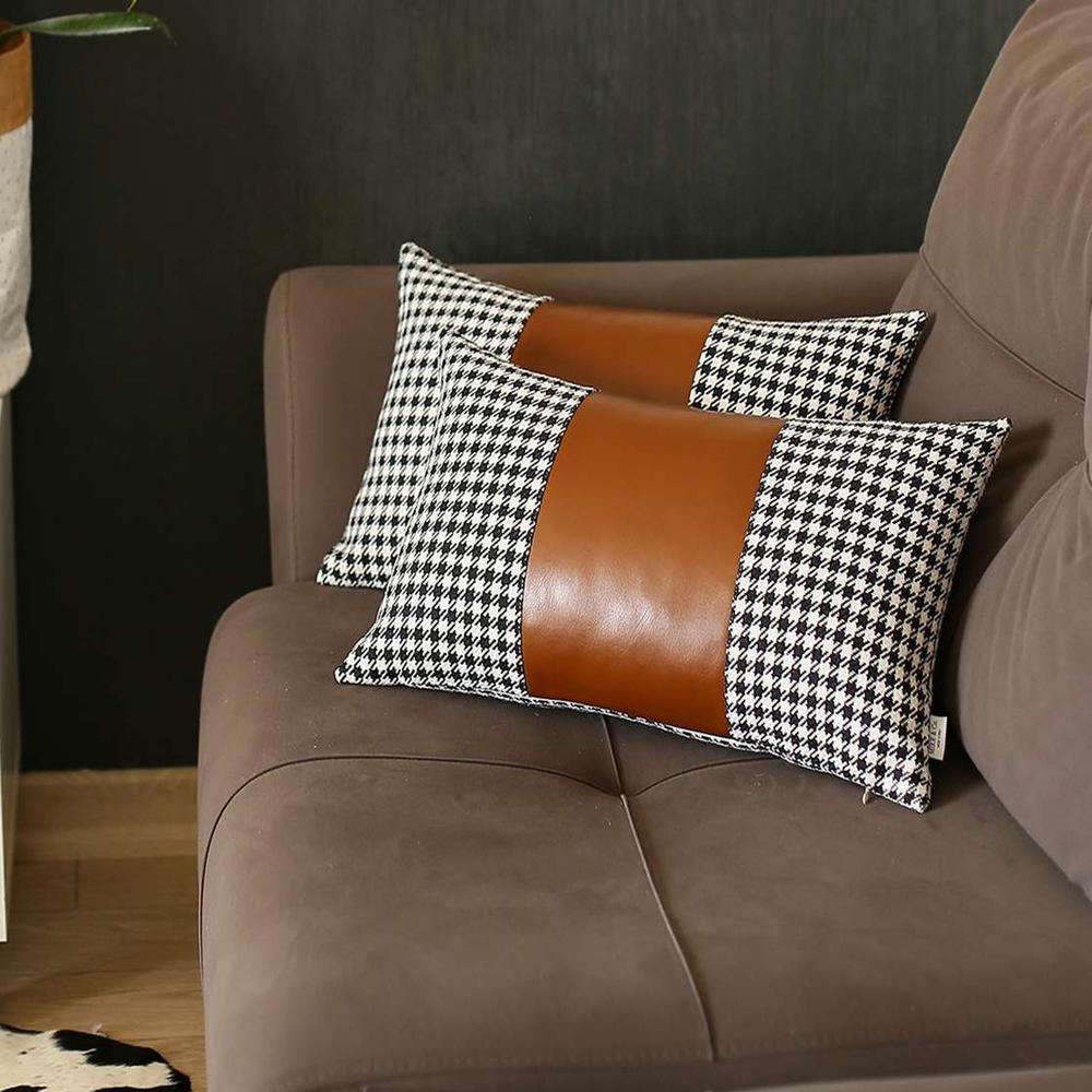 Set of 2 Brown Houndstooth Lumbar Pillow Covers Multi. Picture 1