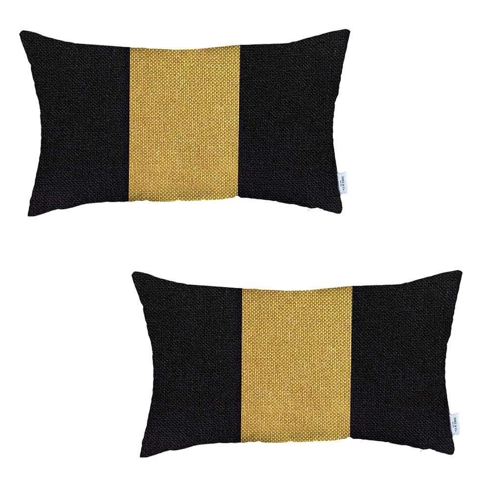 Set of 2 Black and Yellow Lumbar Pillow Covers Multi. Picture 2