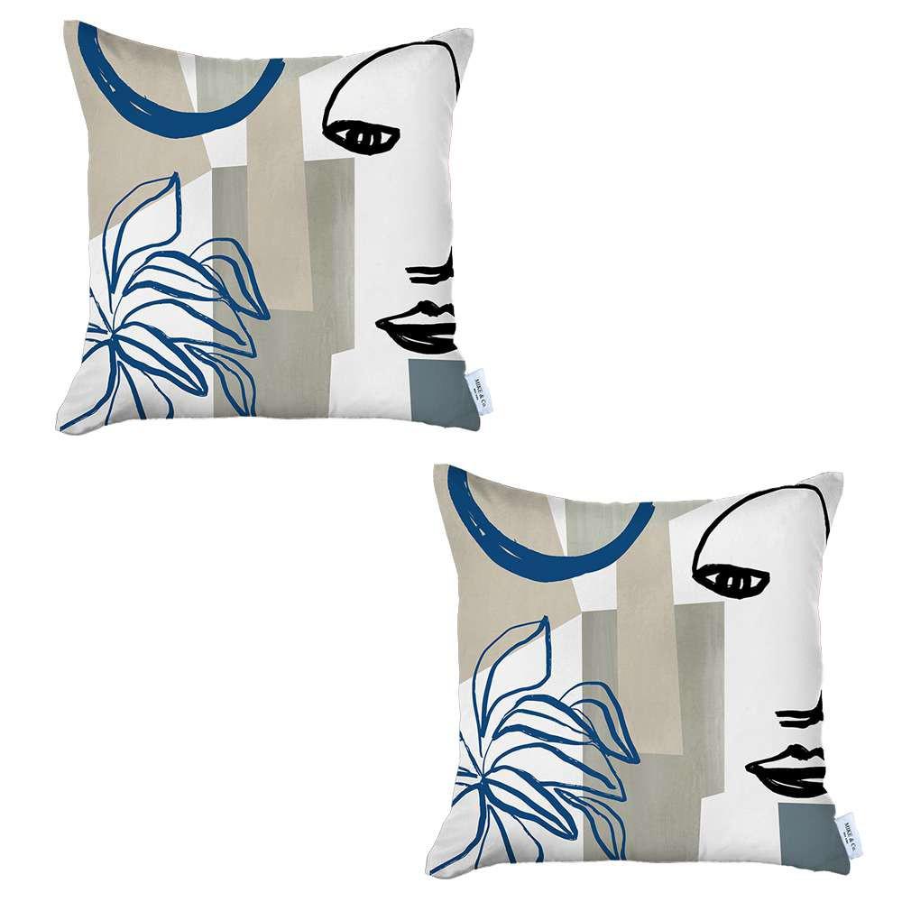 Set of 2 Blue and Ivory Printed Pillow Covers Multi. Picture 2
