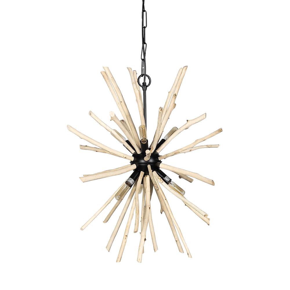 Wood and Metal Starburst Six Bulb Hanging Light Brown. Picture 1