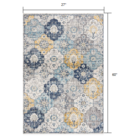 2’ x 5’ Blue Distressed Floral Area Rug Blue. Picture 7