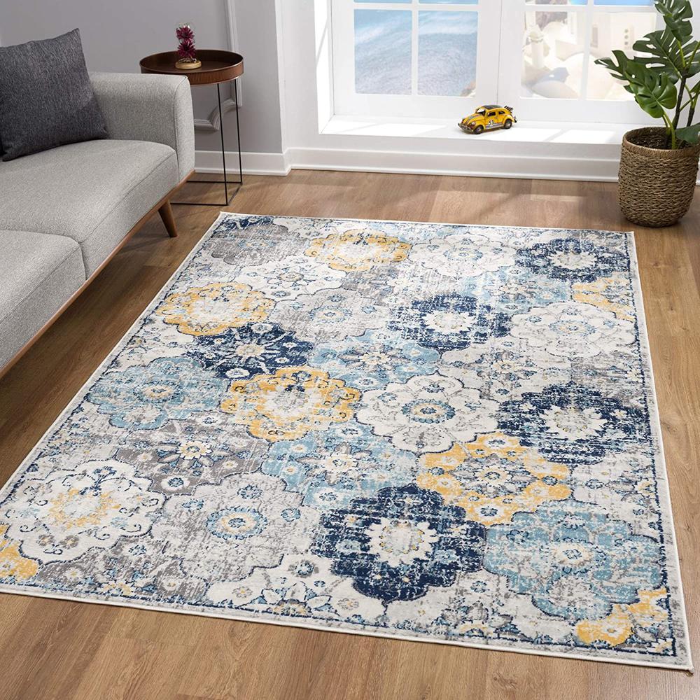 2’ x 8’ Blue Distressed Floral Runner Rug Blue. Picture 3