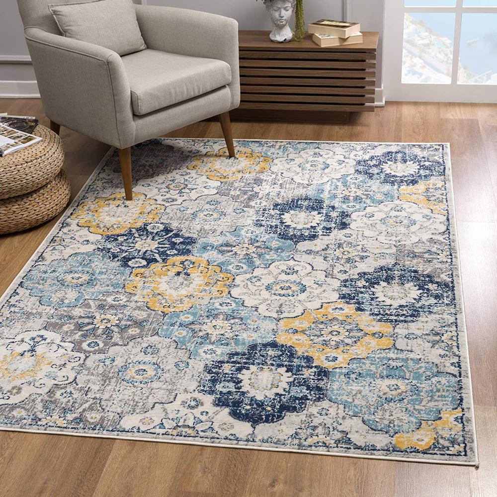 3’ x 5’ Blue Distressed Floral Area Rug Blue. Picture 1