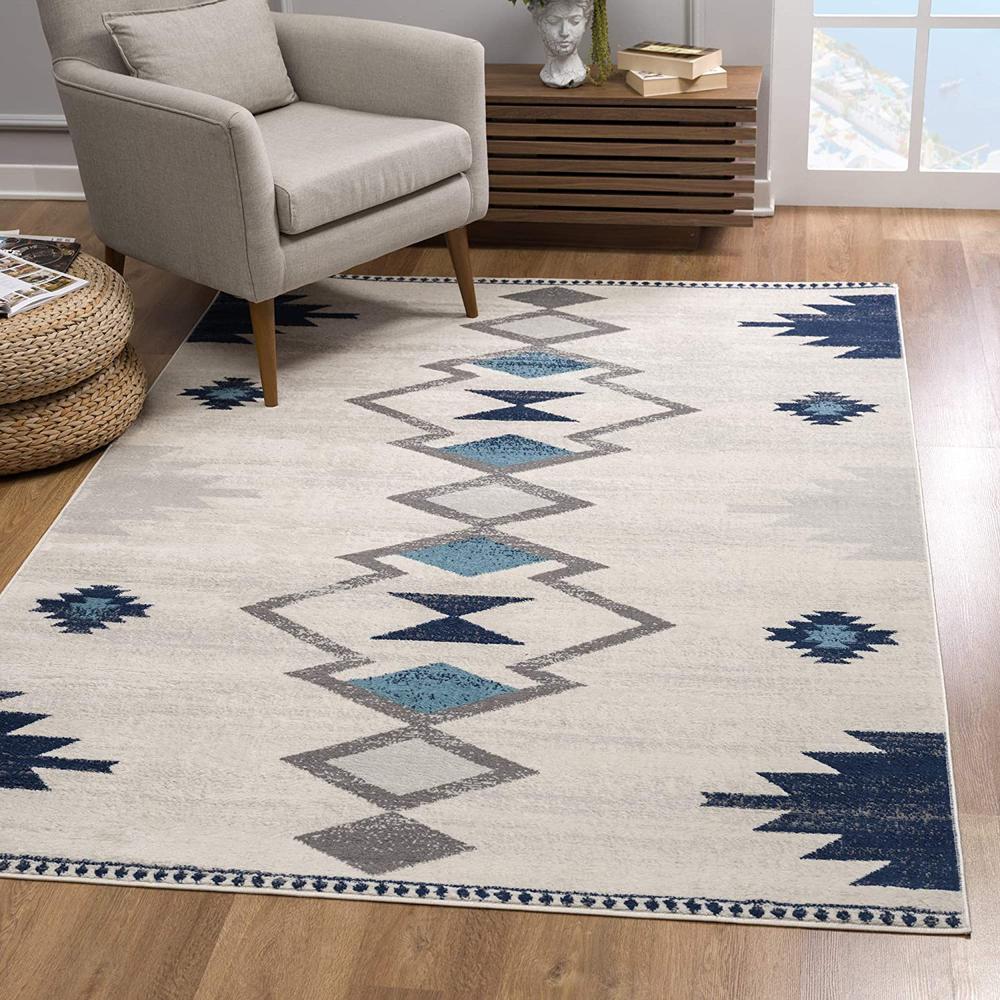 2’ x 10’ Navy and Ivory Tribal Pattern Runner Rug Cream. Picture 1