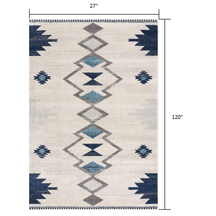 2’ x 10’ Navy and Ivory Tribal Pattern Runner Rug Cream. Picture 7