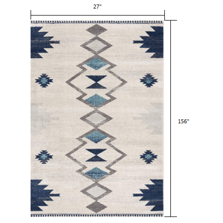 2’ x 13’ Navy and Ivory Tribal Pattern Runner Rug Cream. Picture 7