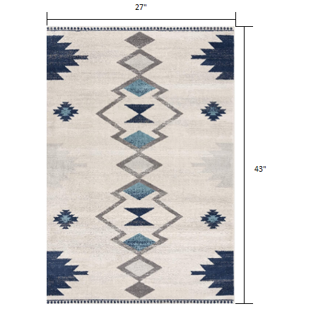 2’ x 4’ Navy and Ivory Tribal Pattern Area Rug Cream. Picture 7