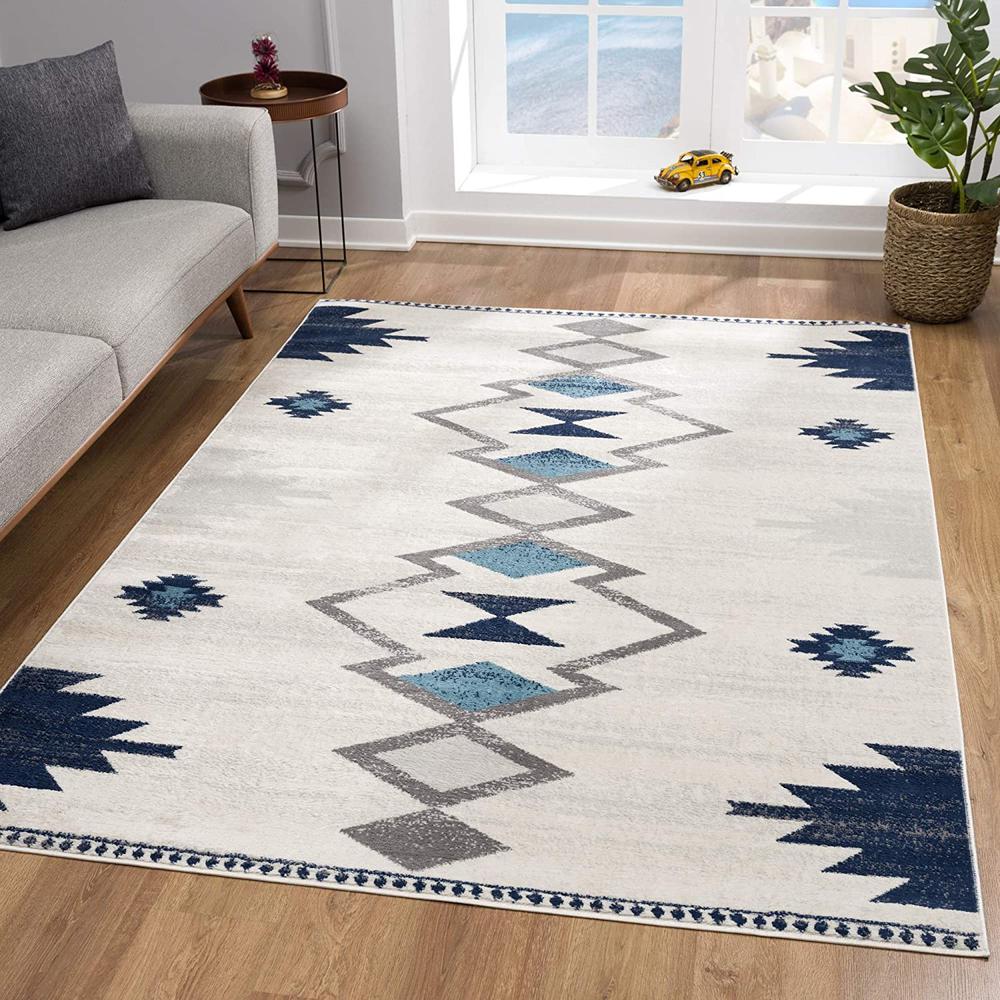 2’ x 6’ Navy and Ivory Tribal Pattern Area Rug Cream. Picture 3