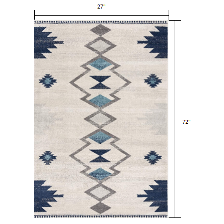 2’ x 6’ Navy and Ivory Tribal Pattern Area Rug Cream. Picture 7
