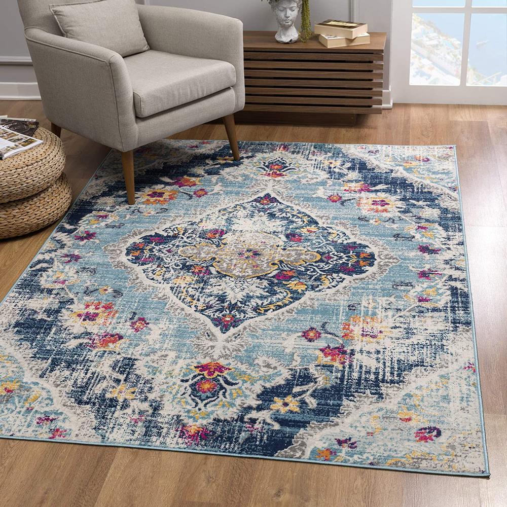 2’ x 20’ Blue Distressed Medallion Runner Rug Blue. Picture 1