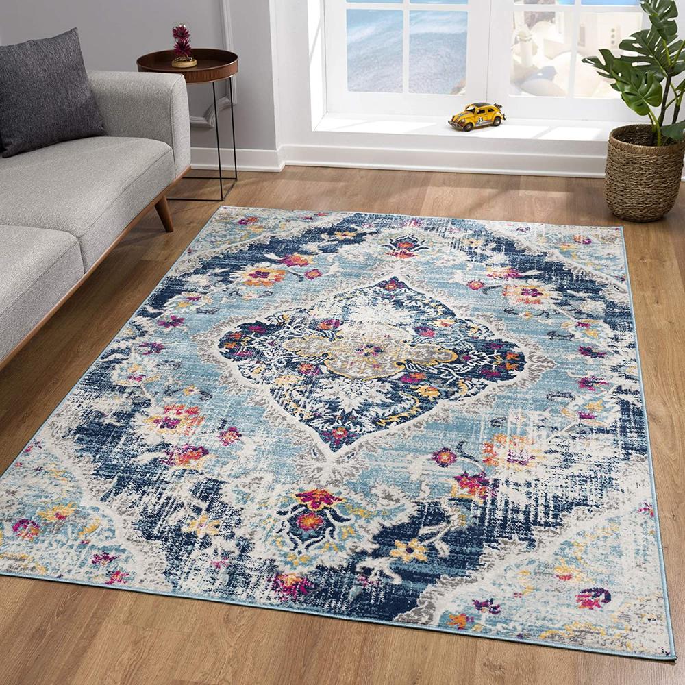 2’ x 4’ Blue Distressed Medallion Area Rug Blue. Picture 3