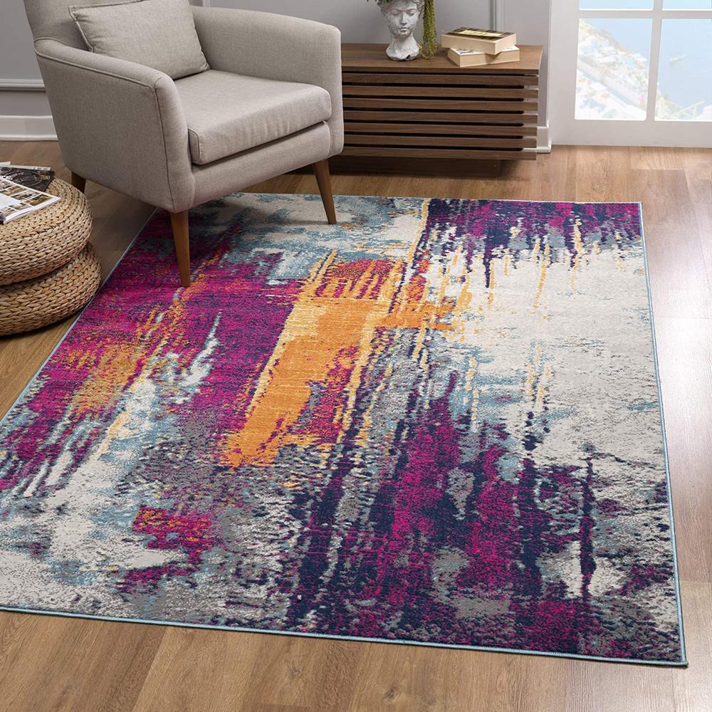 2’ x 13’ Gray and Magenta Abstract Runner Rug Multi. Picture 1