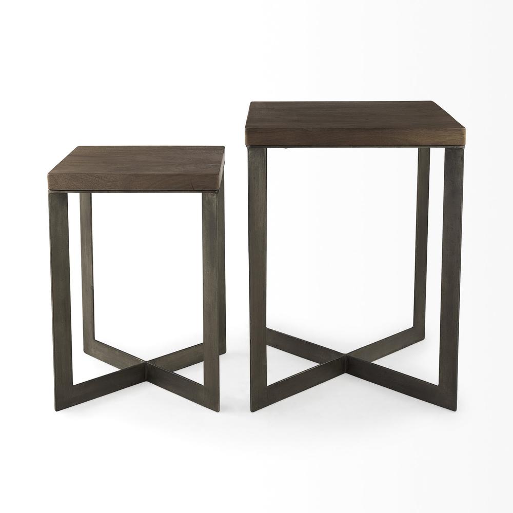 Set of Two Geo Dark Brown Metallic and Wood Tables. Picture 4