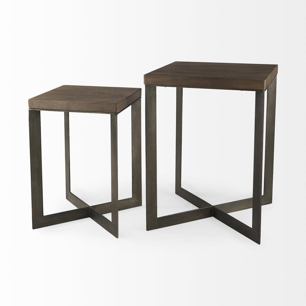 Set of Two Geo Dark Brown Metallic and Wood Tables. Picture 5