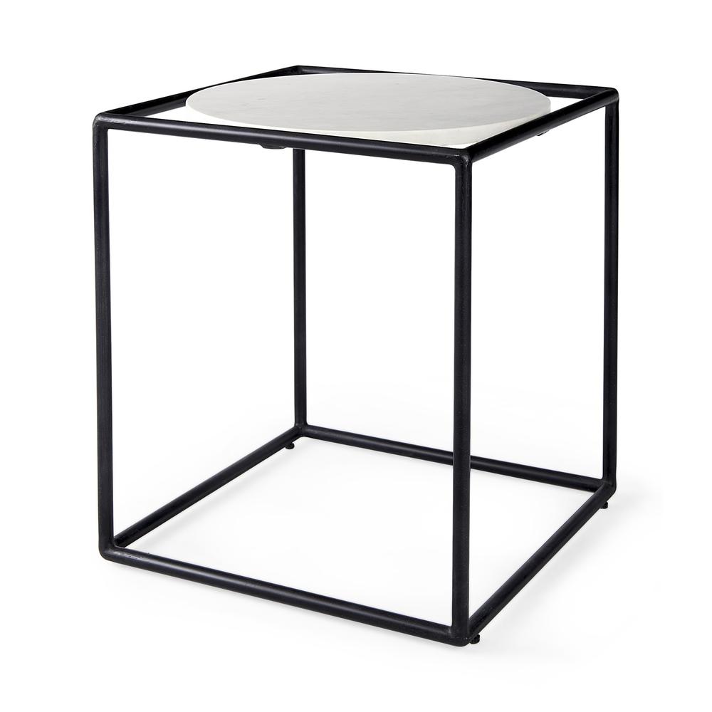 Suspended White Marble Black Metal Geo Side Table. Picture 1