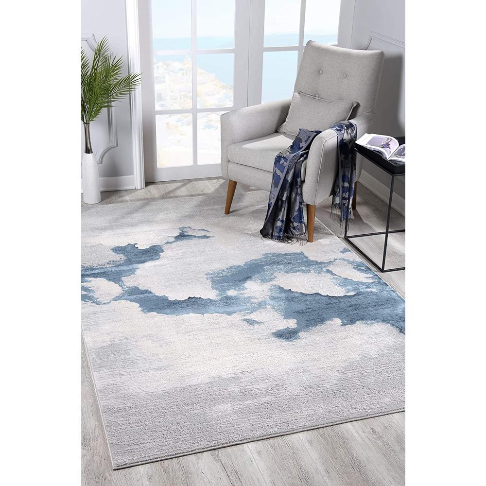 7’ x 10’ Gray and Blue Abstract Clouds Area Rug Cream Grey. Picture 1