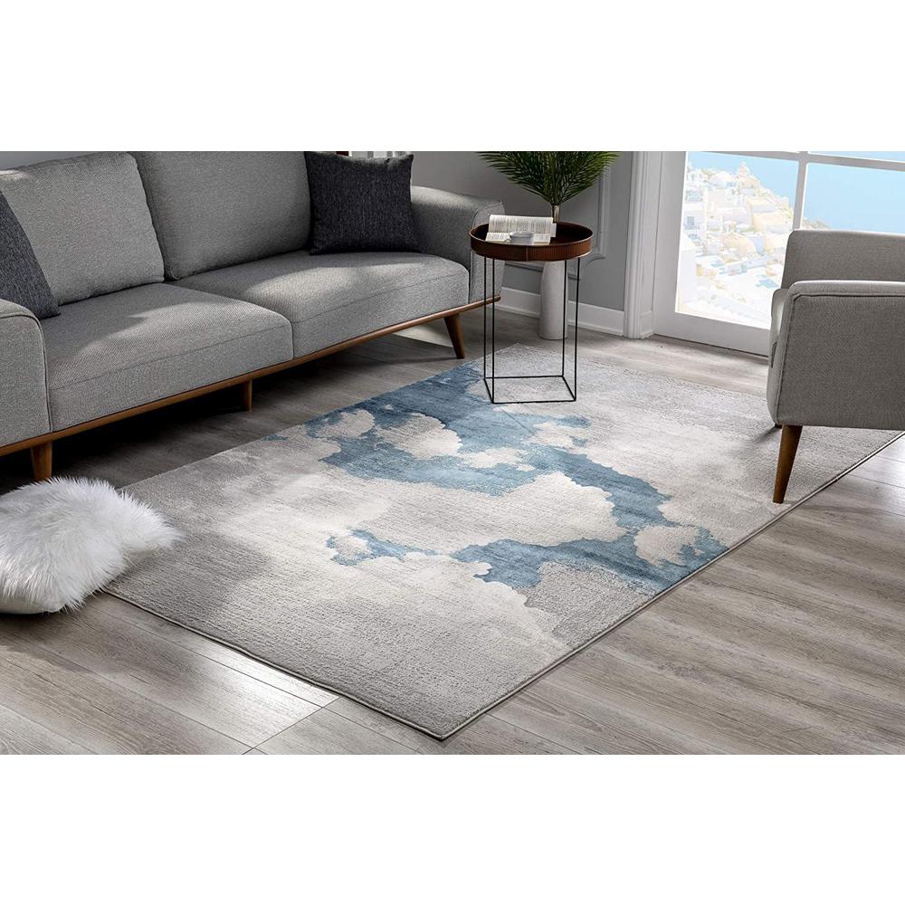 7’ x 10’ Gray and Blue Abstract Clouds Area Rug Cream Grey. Picture 3