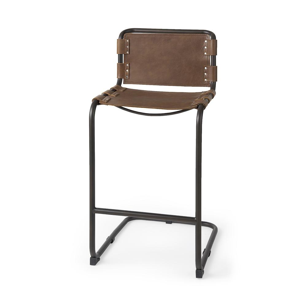 Light Brown Leather Iron Framed Bar Stool. Picture 1