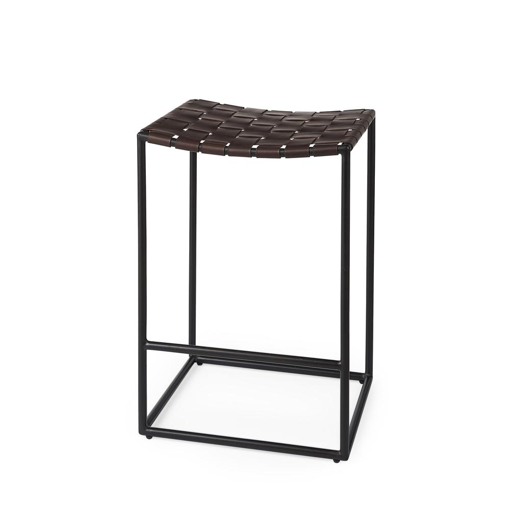 Dark Brown Woven Leather Counter Stool. Picture 1