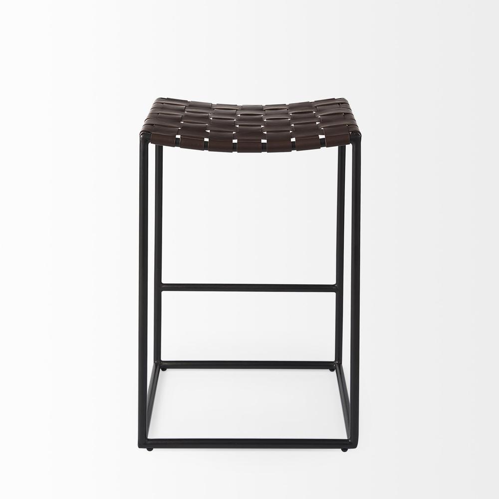Dark Brown Woven Leather Counter Stool. Picture 4