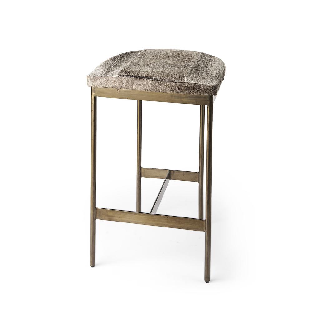 Cowhide Counter Stool with Gold Metal Frame Gray. Picture 1