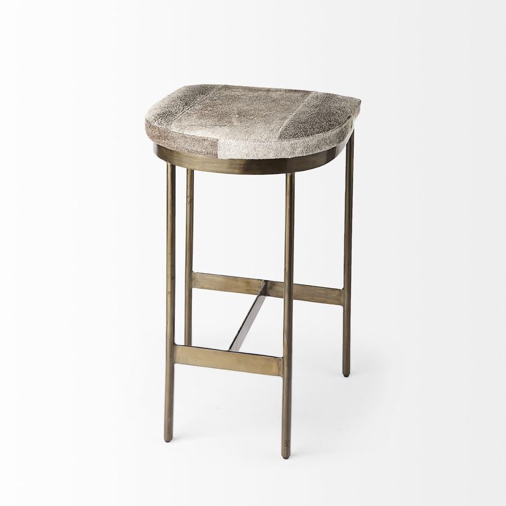 Cowhide Counter Stool with Gold Metal Frame Gray. Picture 5