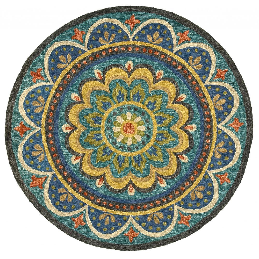 4’ Round Blue Floral Mandala Area Rug Blue. Picture 1